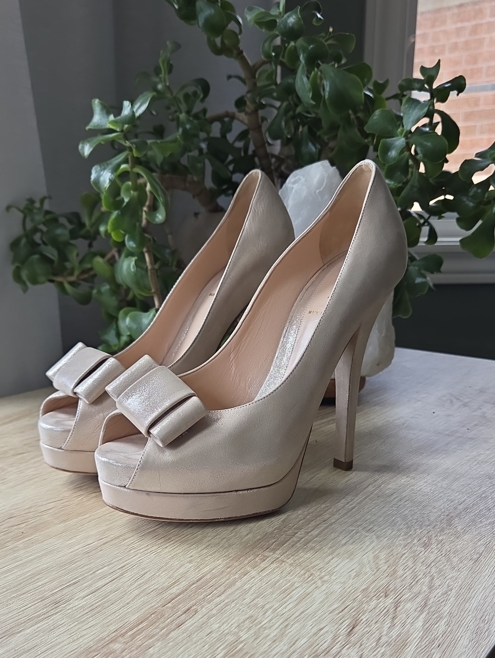 Fendi Irridescent Nude Peep-Toe Platform Pumps with Bow Accent